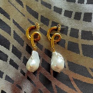 Gorgeous Hand Crafted Faux Baroque Pearl & Gold Tone Metal Earrings